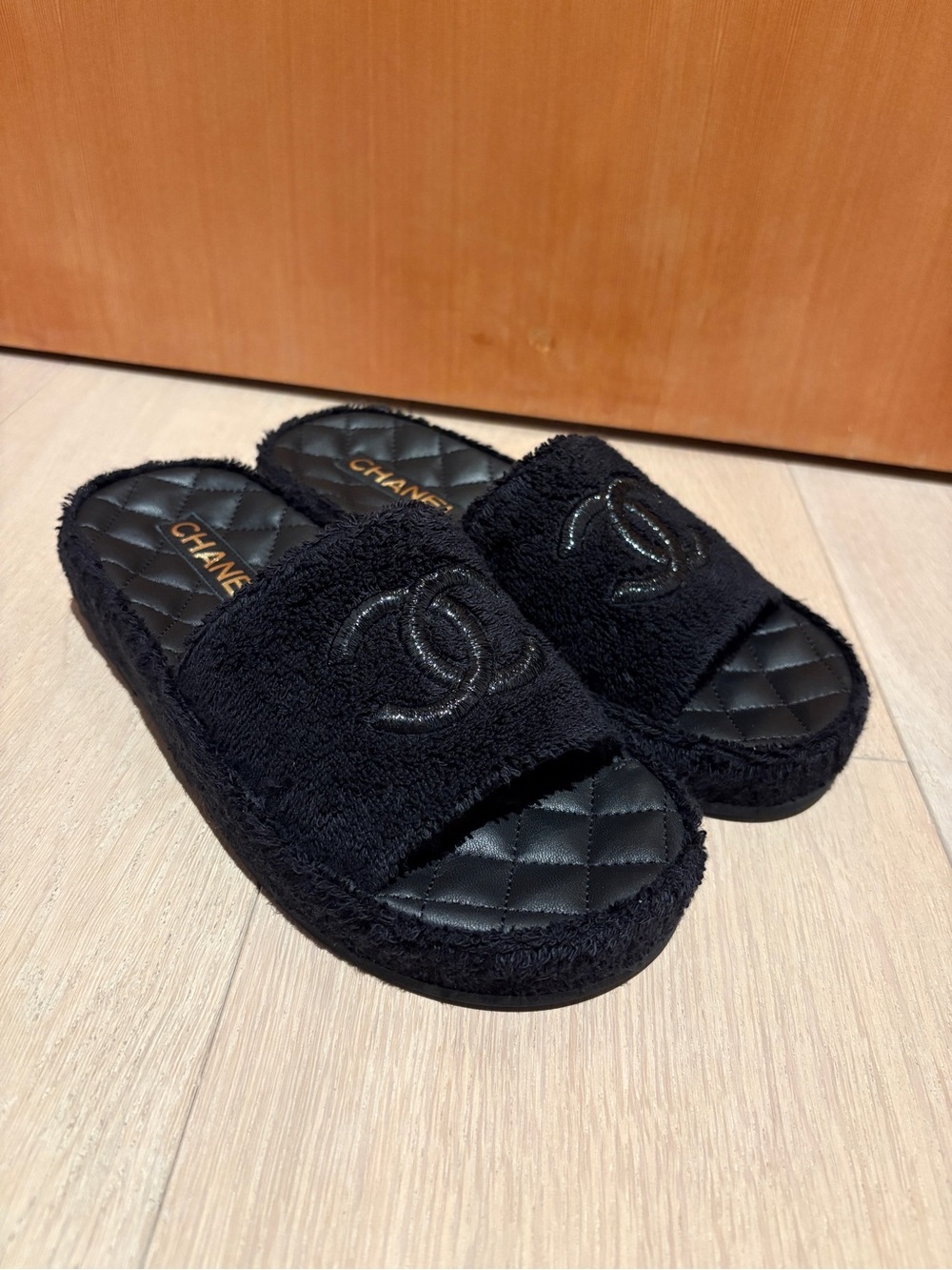 Chanel Black Quilted Terry Cloth Logo Slide Sandals
